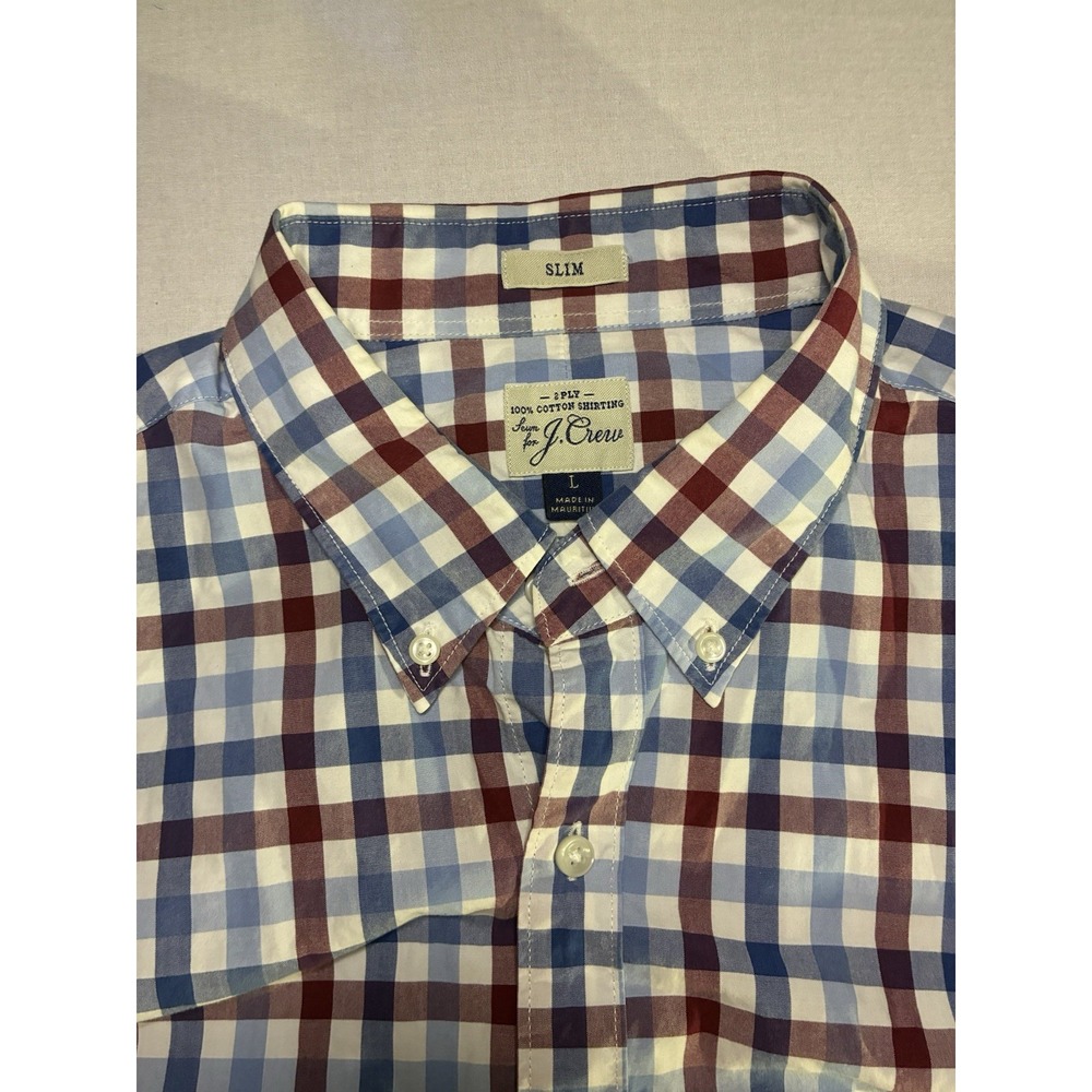Vintage  J. Crew Shirt Mens 100% Cotton Red/White/Blue Plaid Button Down Size L